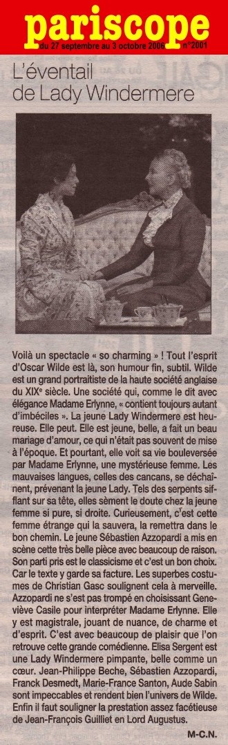 PARISCOPE : L'Eventail de Lady Windermere PARISCOPE : L'Eventail de Lady Windermere