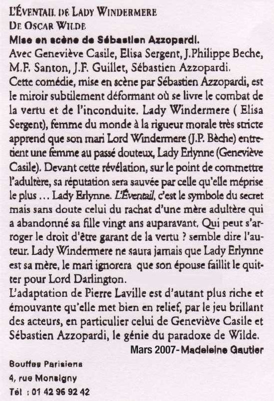 POLITIQUE MAGAZINE : L'Eventail de lady Windermere