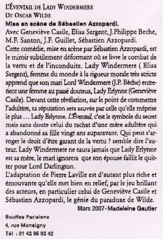 POLITIQUE MAGAZINE : L'Eventail de lady Windermere POLITIQUE MAGAZINE : L'Eventail de lady Windermere